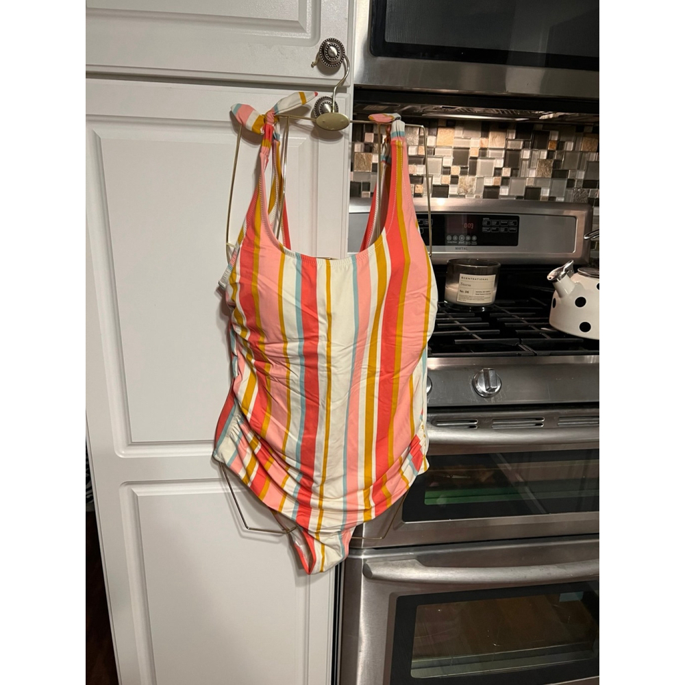 Kona Sol Women's Plus Size One Piece Swimsuit Wide Straps Coral Stripe Pool